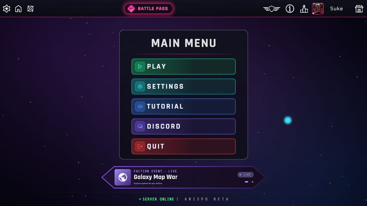 Anispo main menu and live faction event